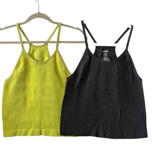 Bundle of 2 Ododos XL/XXL Ribbed Crop Tank Top Black Yellow Stretchy Activewear